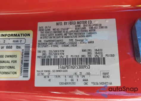 2015 Ford Mustang Ecoboost from USA, damaged, VIN 1FA6P8TH0F5300953